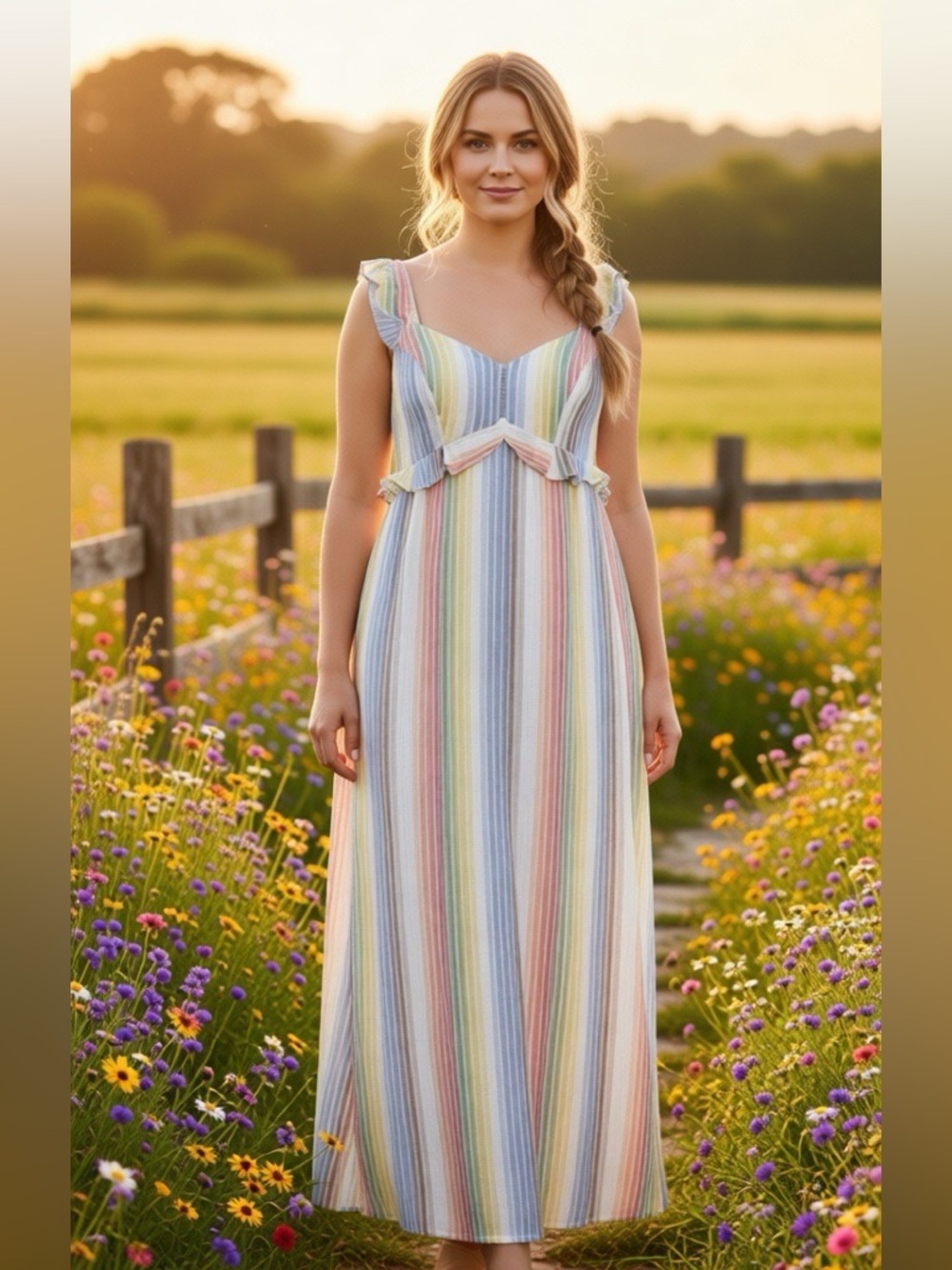 FOR THE REPUBLIC Rainbow Striped Smocked Maxi Dress Ruffled Cozy Cottagecore 1X